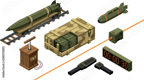 Cuadro en lienzo Isometric Military Missile and Ordnance Vector Set with Railway Torpedo Camoufla