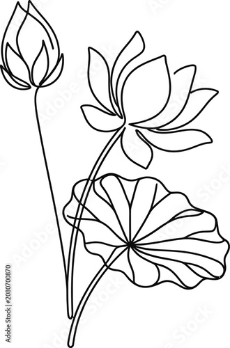 Foto Minimalist continuous line art of lotus flower and leaf.