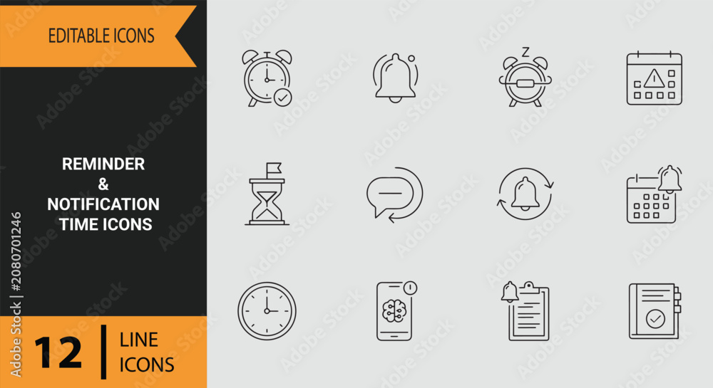 Fototapeta premium Reminder Notification Alert Time Line Art Icon Set For Schedule Management Apps