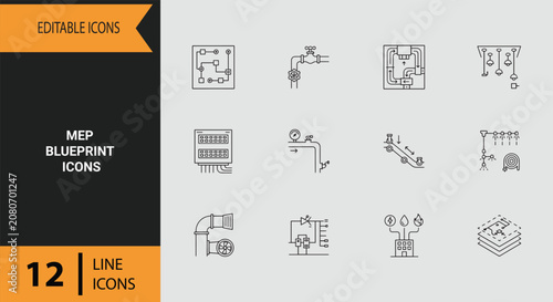 MEP Blueprint Layout Outline Icon Collection For Mechanical Electrical And Plumbing Engineering