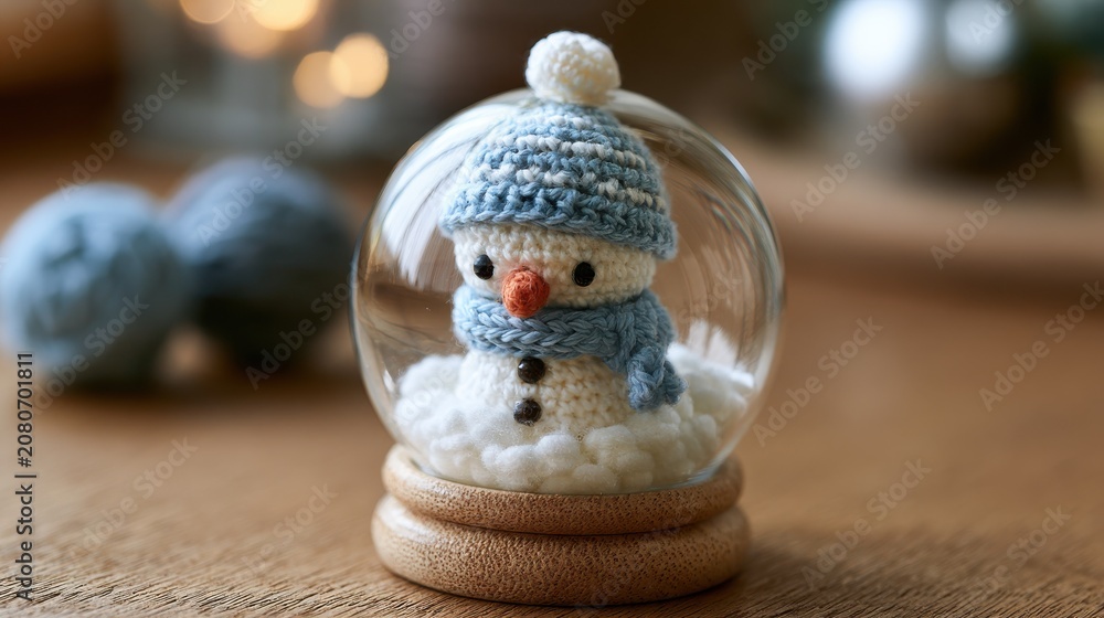 Obraz premium Miniature glass snow globe containing a tiny crochet snowman and yarn snow, festive holiday concept.