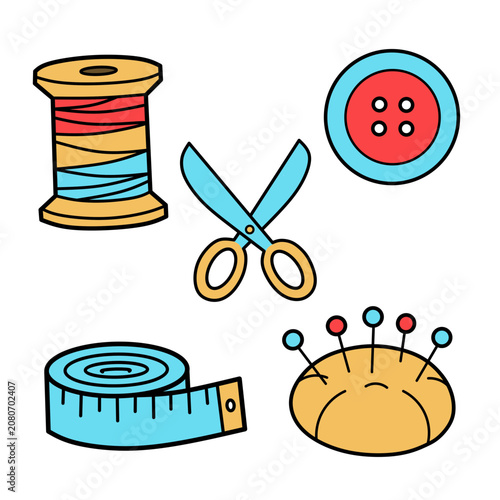 set of five Sewing and Crafting Essentials including colorful thread spool scissors button measuring tape and pin cushion vector