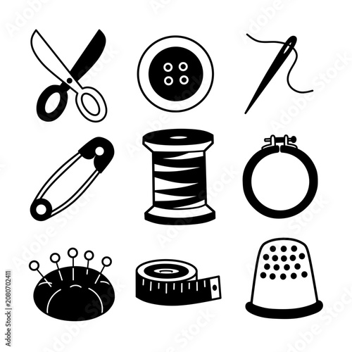 negative space Sewing and Crafting Essentials illustration artistic white silhouettes within tailoring shapes minimalist vector design