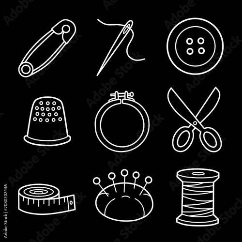 inverted Sewing and Crafting Essentials line art white outline hobby illustrations on dark background minimalist vector set