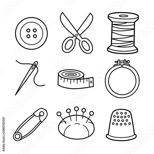 Sewing and Crafting Essentials line art illustration bundle minimalist black outline doodle vector icons for diy and sewing