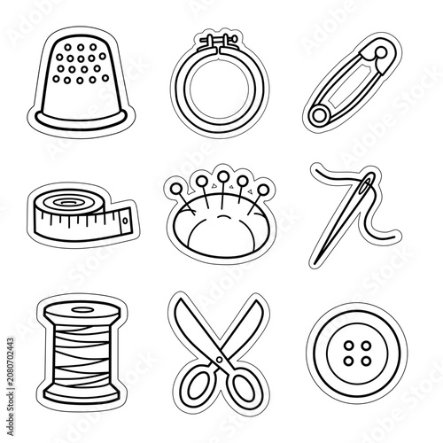 minimalist Sewing and Crafting Essentials sticker sheet bundle with thick white border and bold outlines hand drawn vector illustration
