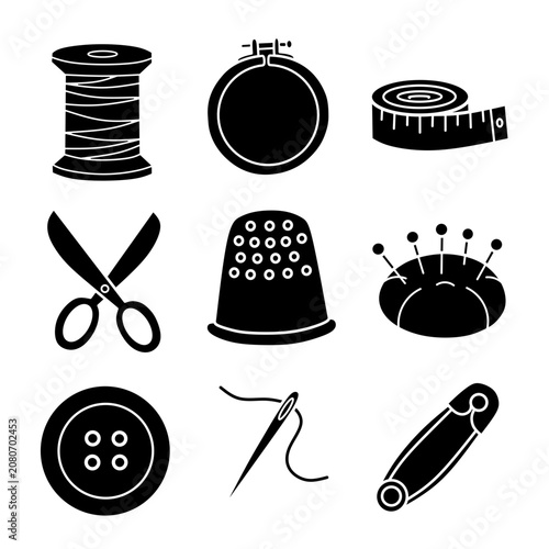 Sewing and Crafting Essentials solid silhouette icons set minimalist black tailoring shapes for web and graphic design