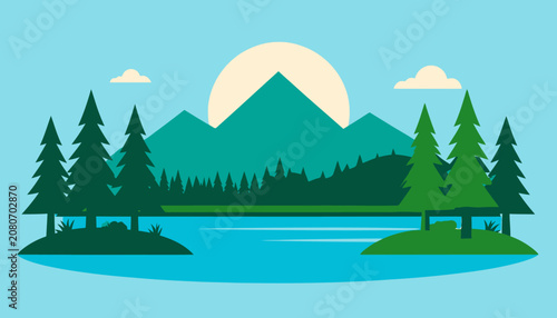 Simple flat nature scene with mountains and lake.