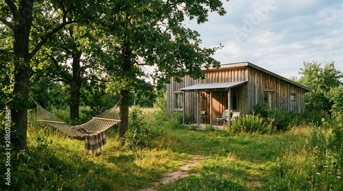 A serene wooden cabin with a hammock and pathway surrounded by lush greenery under a partly cloudy sky on a sunny day.