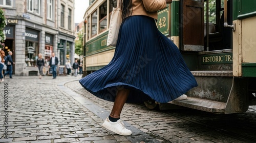 Woman in blue skirt steps off vintage tram on cobblestone street