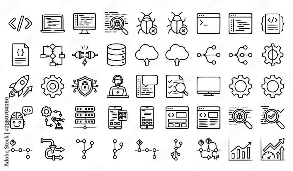 Fototapeta premium Coding and Programming Line Icon Set Black and White Vector