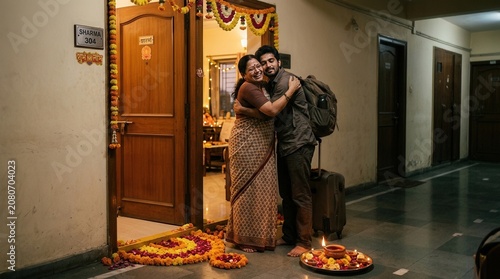 Couple embracing warmly in a hallway with flowers and a lit lamp
