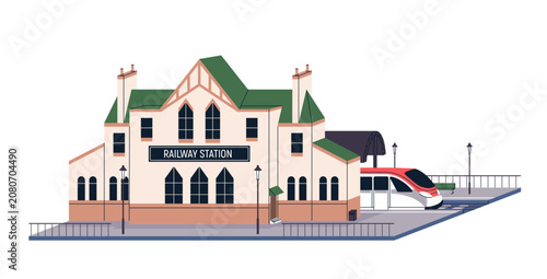 Railway station terminal, old retro building facade, modern high speed passen...