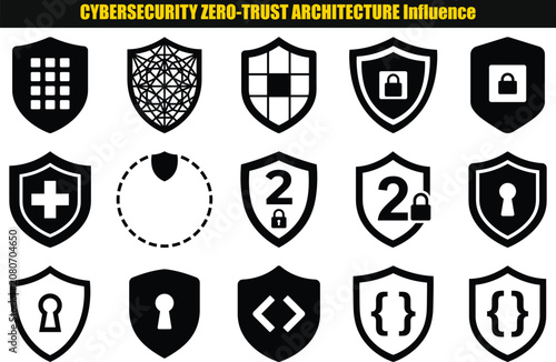 Collection of shield shaped pictograms and circular elements representing cybersecurity concepts and network protection security data shape digital information technology