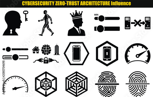Collection of outlined shapes depicting a head key building smartphone and fingerprint concepts outline profile teeth facade device whorl circular