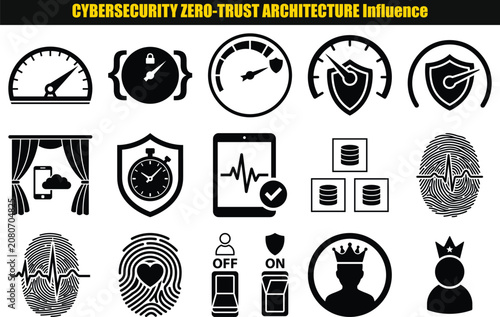 Circular Gauges And Security Elements Collection A Monochromatic Digital Arrangement gauge dial meter measurement indicator protection shield lock cybersecurity data