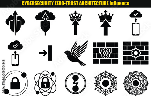 Collection of dark colored shapes representing cybersecurity concepts and architectural elements zero trust architecture influence digital security data protection network