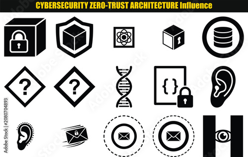 Collection of cybersecurity concepts represented as geometric shapes and stylized elements digitally created zero trust architecture data protection network security