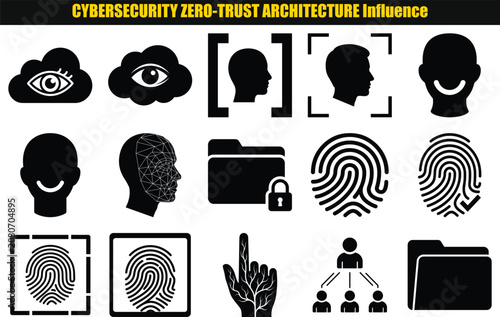 Collection of human heads eyes fingerprints and a hand with a folder and lock anatomy biometrics cybersecurity data digital eye