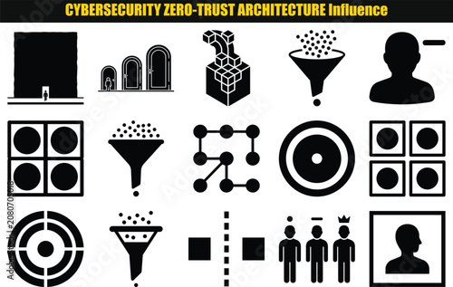 Collection of architectural elements and funnel shapes representing cybersecurity concepts and network infrastructure architecture data security cubes gateway wall access