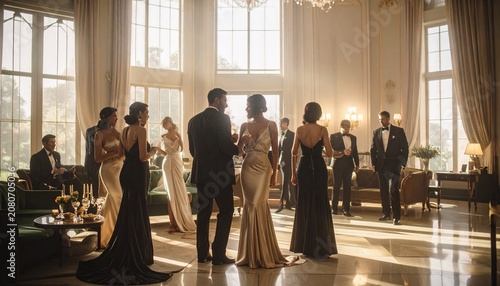 Elegance in Abundance: A gathering of elegantly dressed men and women mingle in a grand ballroom, bathed in soft light, creating an atmosphere of sophistication and celebration.