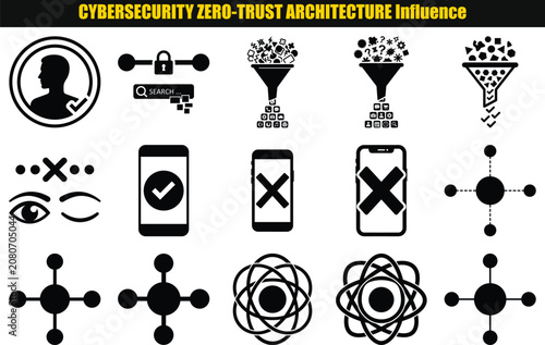 Cybersecurity Concepts And Network Infrastructure Depicted As A Collection Of Dark toned Pictograms zero trust security data protection digital information