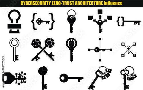 Collection of stylized keys padlocks and curly brackets against a light colored backdrop locks security access digital data protection encryption