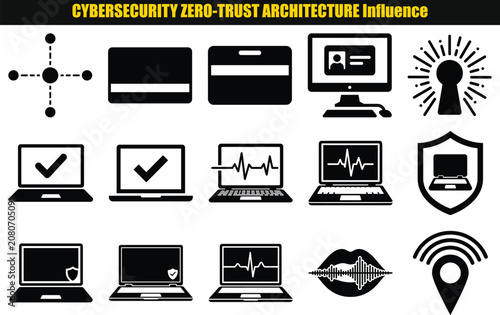 Collection Of Computer Hardware And Security Elements In A Dark Tone laptop monitor server padlock shield check mark waveform signal