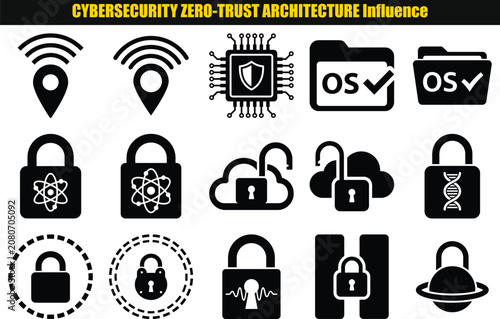 Collection Of Security And Network Pictograms Representing Digital Protection And Data Access Control cybersecurity encryption information privacy infrastructure computer safeguard