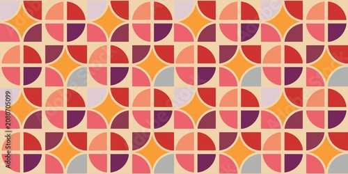​Retro seamless geometric pattern with colorful circles, stars, and abstract shapes in 70s style background.