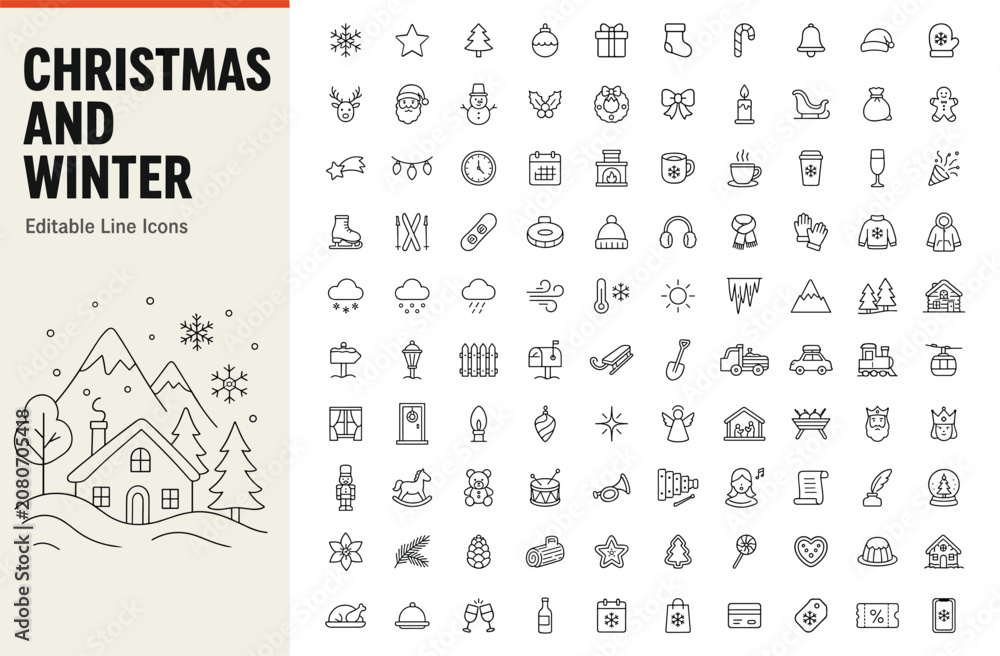 Obraz premium Christmas and winter set of 100 line icons for holiday designs