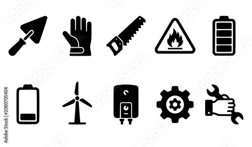 Construction and industrial black glyph icon set with trowel glove saw battery gear windmill and safety symbols vector