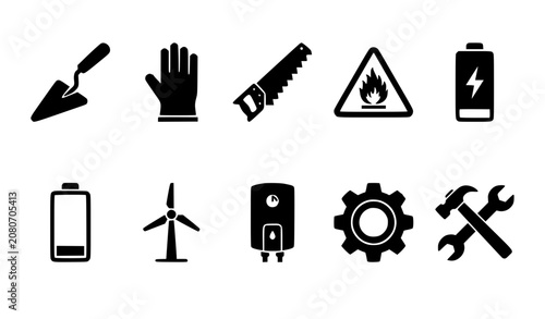 Modern black construction tool and energy icon collection with workshop safety and utility symbols vector