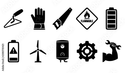 Modern black construction tool and energy icon collection with workshop safety and utility symbols vector