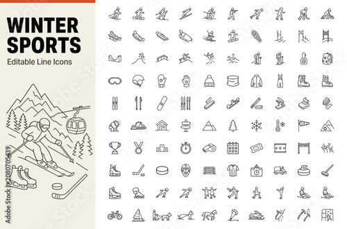 Winter sports set of 100 line icons for skiing and recreation