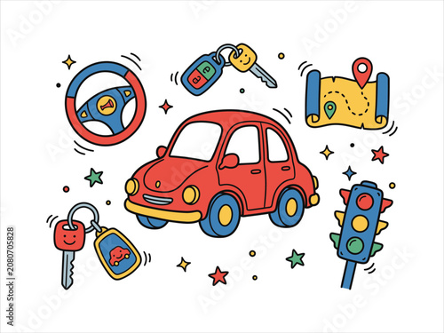 Red car driving navigation vector doodle