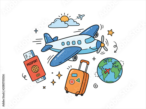 Air travel vacation vector doodle icon set