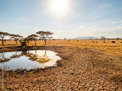 African savanna landscape with water hole and wildlife