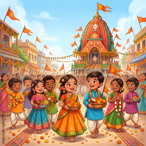 Group of joyful indian children carrying offerings during colorful ratha yatra street parade.