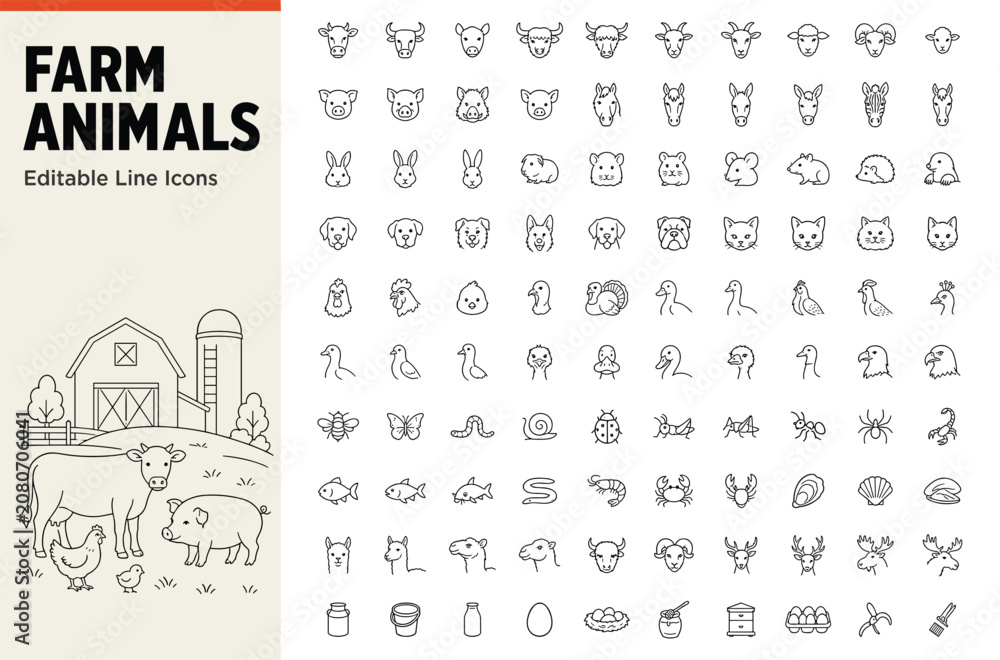 Fototapeta premium Farm animals set of 100 line icons for livestock and agriculture