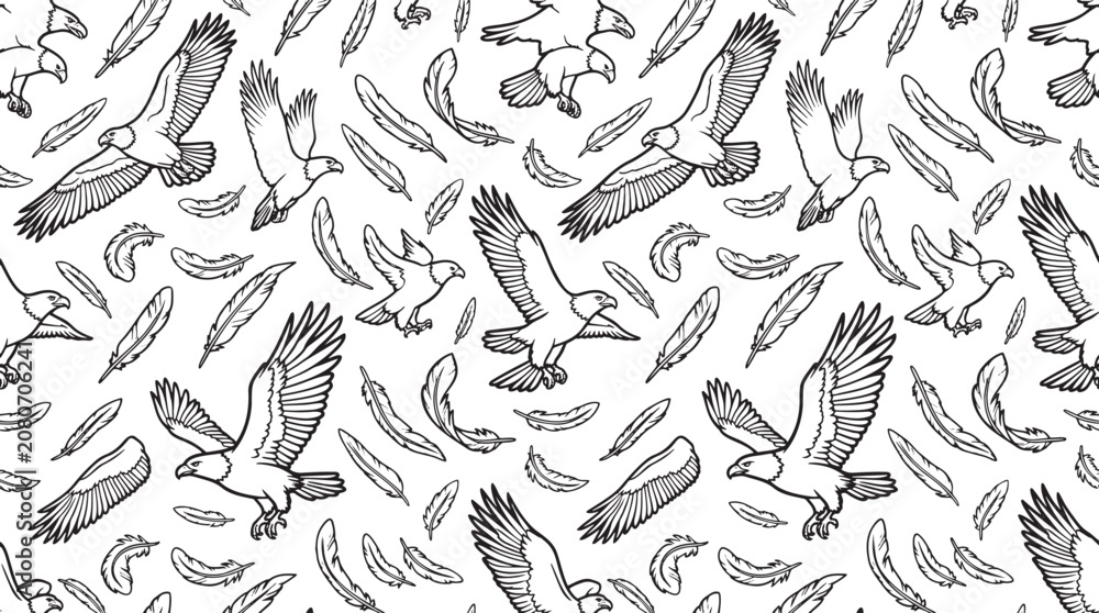 Fototapeta premium Hand Drawn Eagle Seamless Pattern with Flying Bird Doodle Design