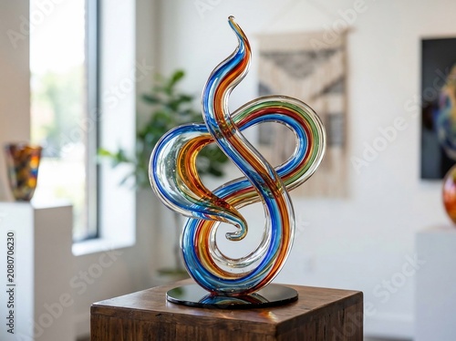Colorful glass sculpture on wooden pedestal in art gallery