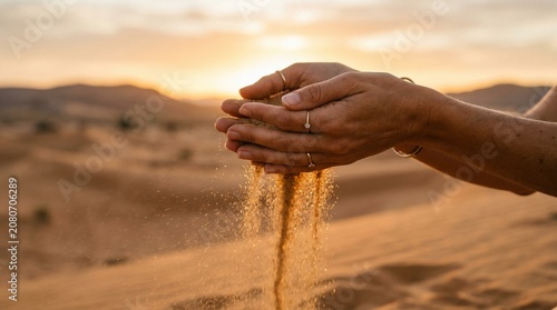 Sand falling through hands in desert at sunset