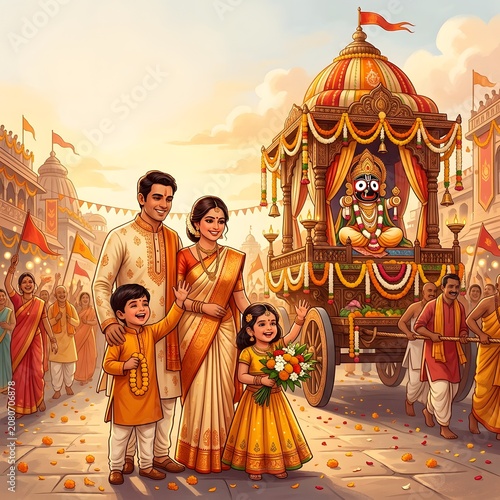 Family celebrating rath yatra festival with jagannath in chariot, tradition, culture, spirituality.