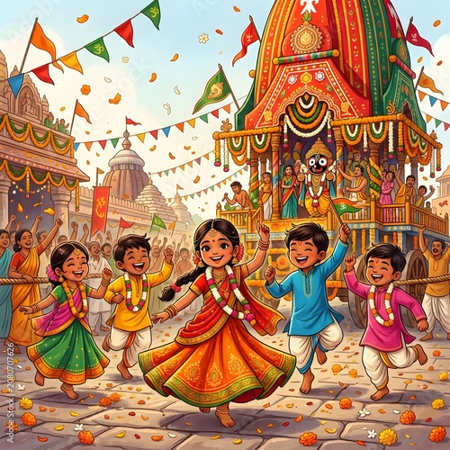 Joyful children dancing in traditional attire during rath yatra festival with chariot.