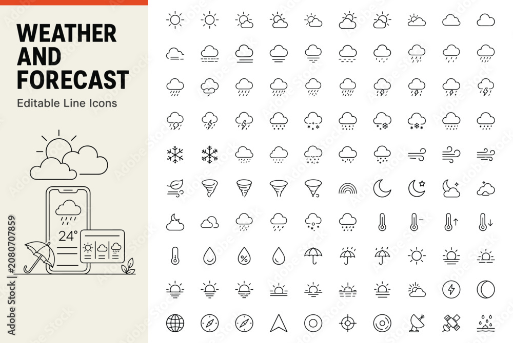 Naklejka premium Weather and forecast set of 100 line icons for meteorology