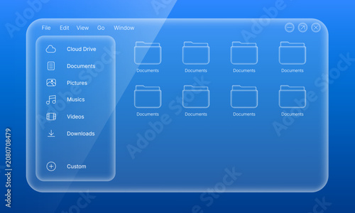 Desktop file explorer operating system user interface with glassmorphism design