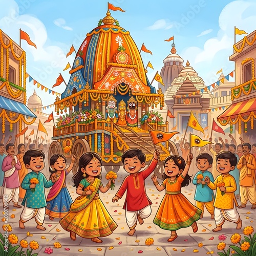 Indian children celebrating ratha yatra festival with colorful chariot and flower garlands.