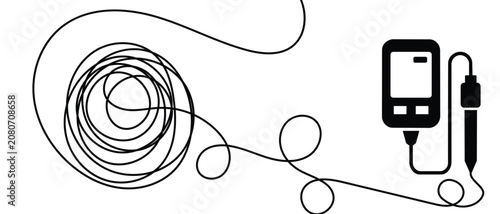 Digital water quality sensor device connected to messy tangled cable power supply