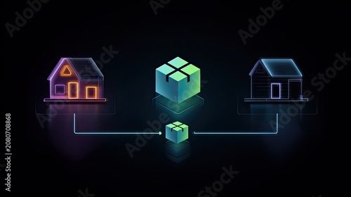 Houses linked to boxes, digital, glowing